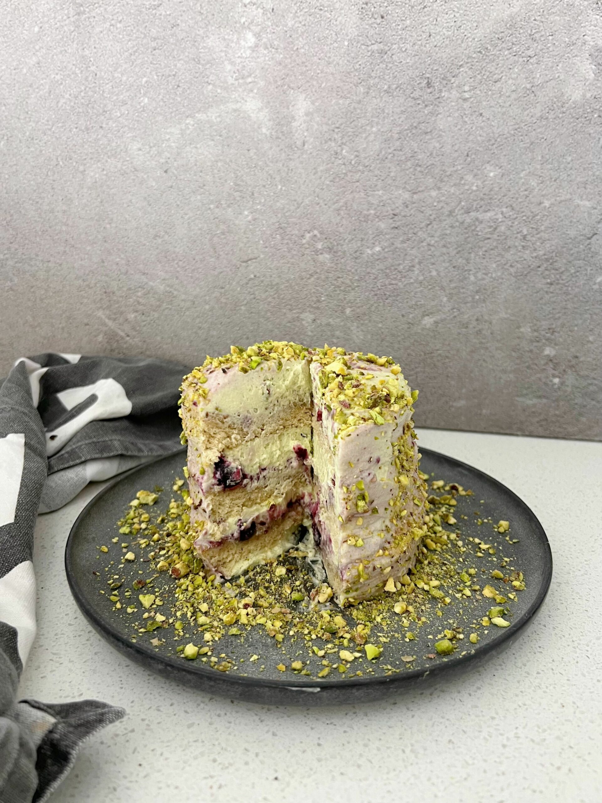 Earl Grey Chiffon Cake with Berries & Pistachio Cream Cheese Butter Cream